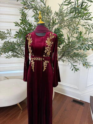 Velvet Red Crystal Beaded Two Peice Abaya