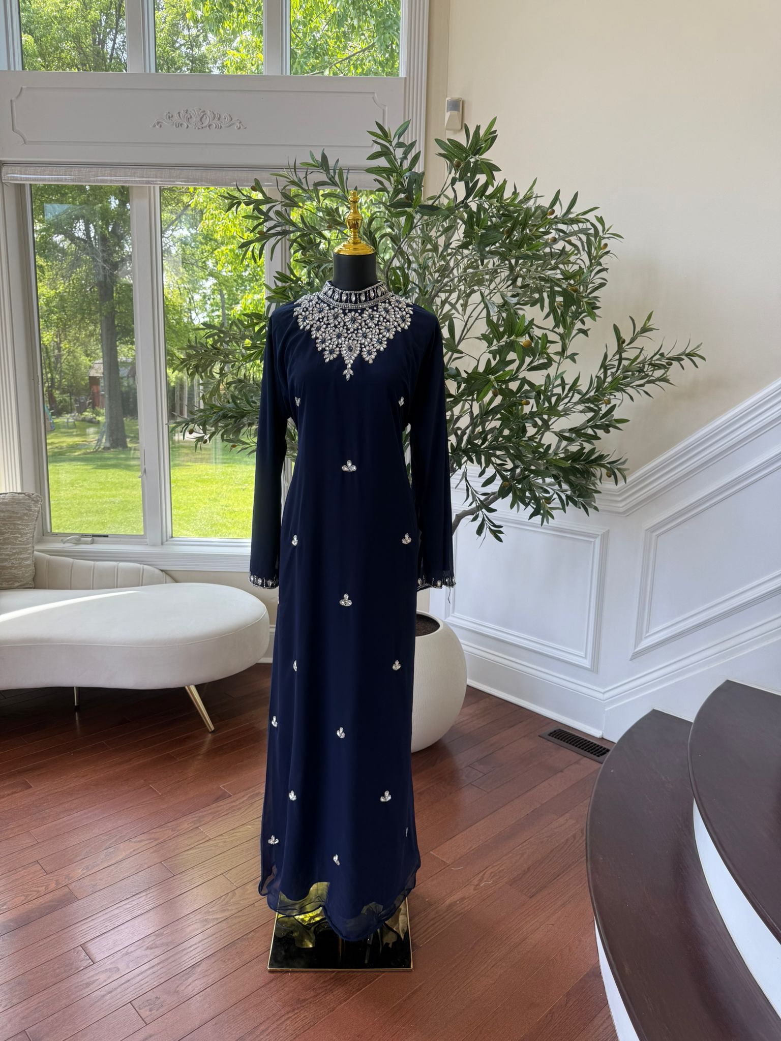 Navy High Neck Crystal Embellished Maxi Dress