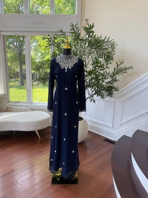 Navy High Neck Crystal Embellished Maxi Dress