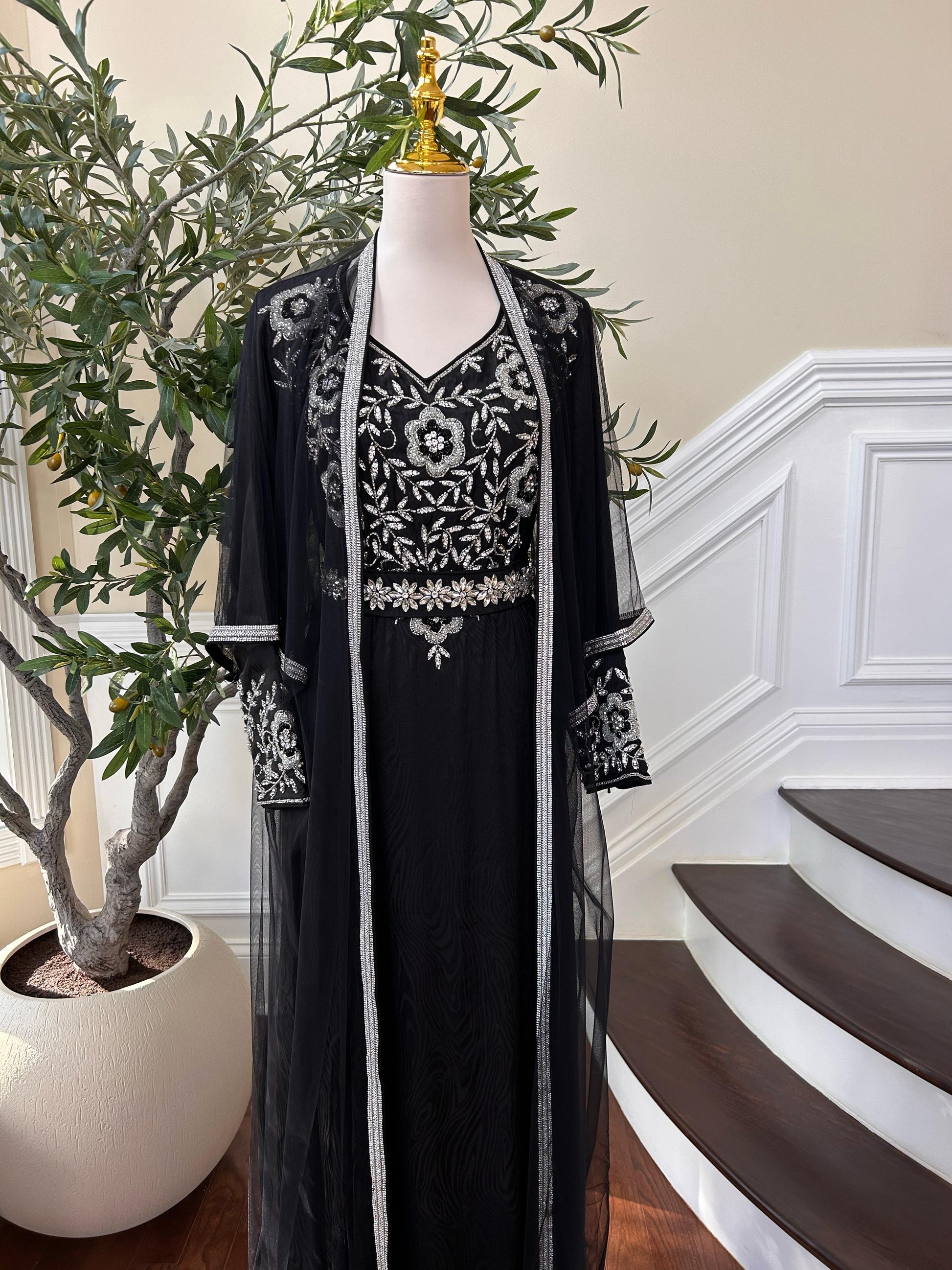 Black Silver Stone Beaded Kuftan