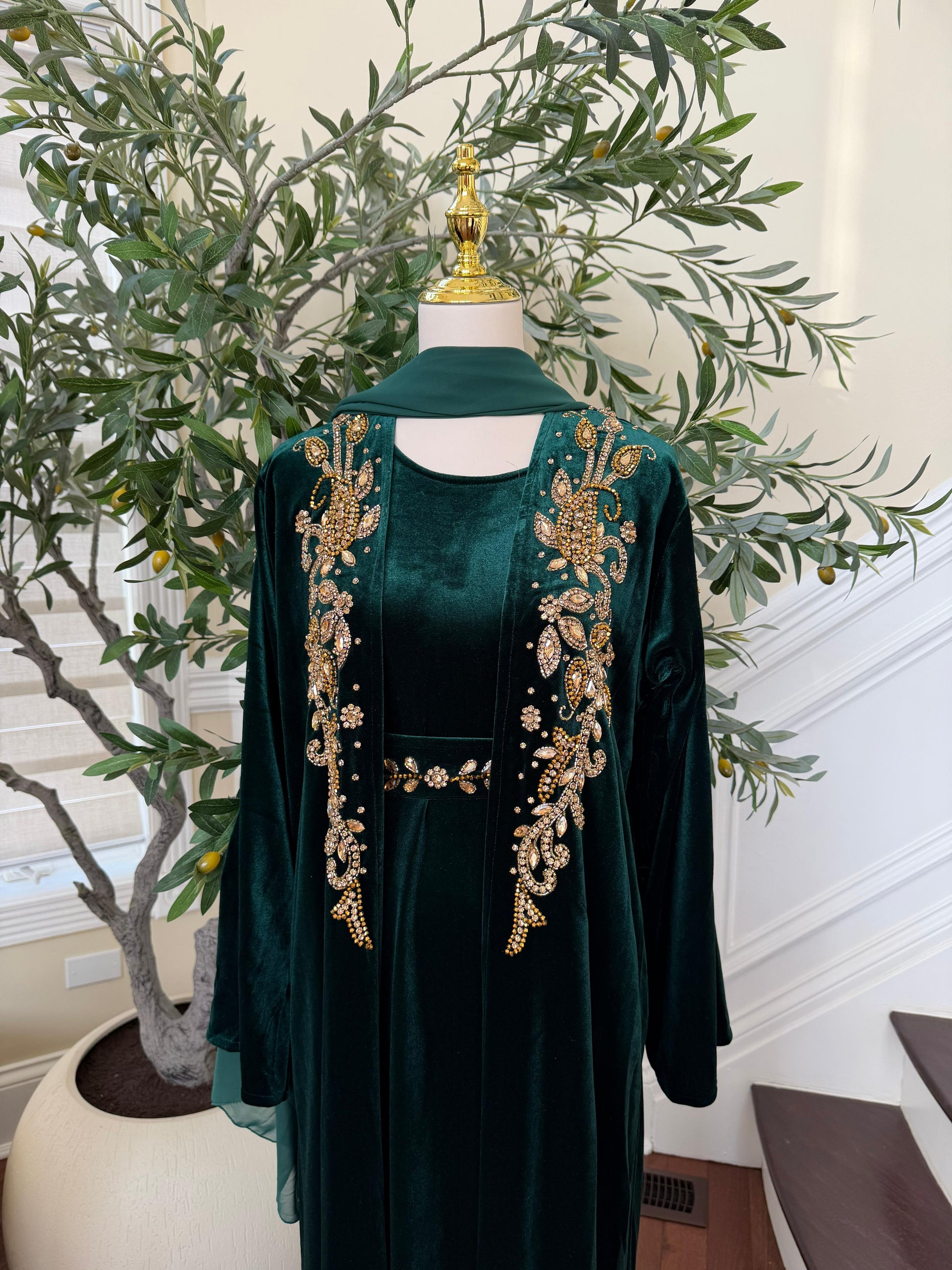 Golden Green Velvet Crystal Two Piece Abaya
