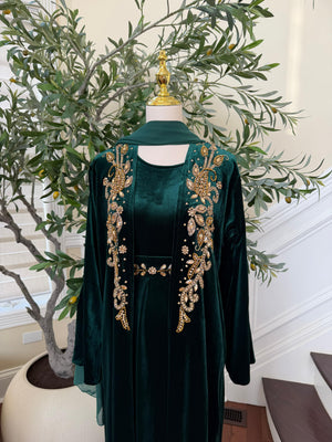 Golden Green Velvet Crystal Two Piece Abaya