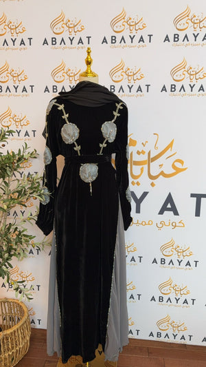 Black Velvet Grey Rose Abaya