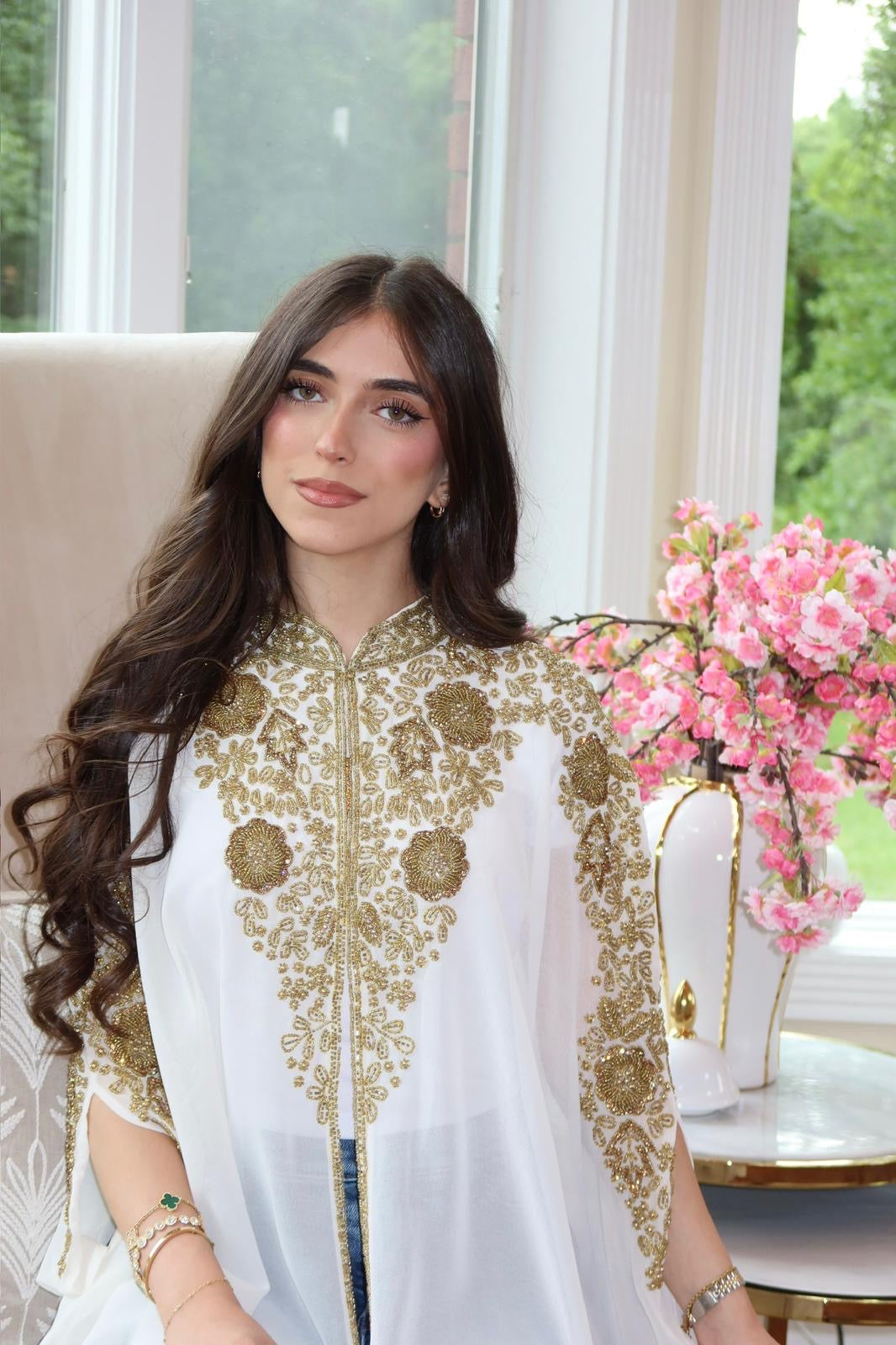 Royal White Abaya with Intricate Gold Detailing