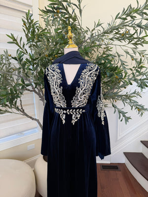 Navy Blue Velvet Beaded Stone Charm Abaya