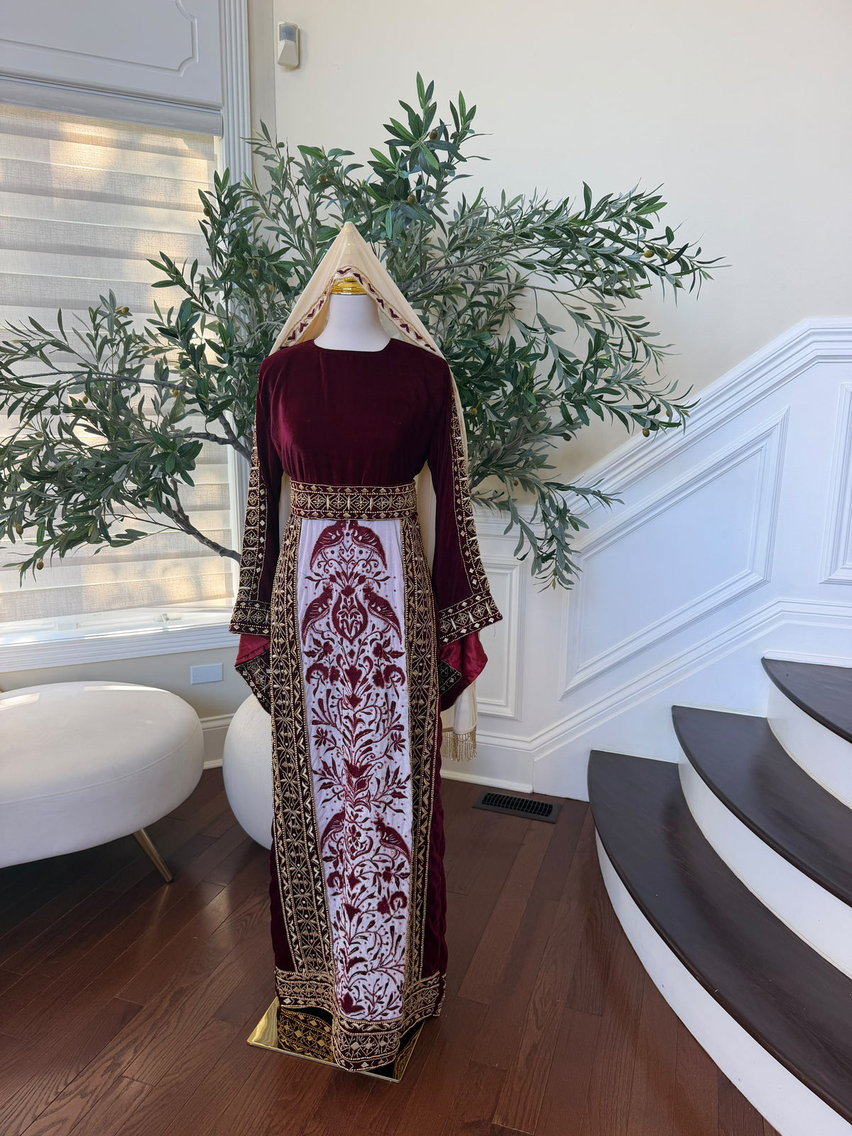 Elegant Burgundy Velvet Palestinian Thobe with Gold Embroidery
