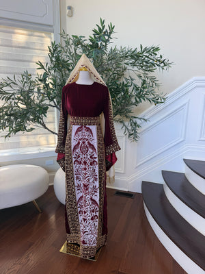 Elegant Burgundy Velvet Palestinian Thobe with Gold Embroidery