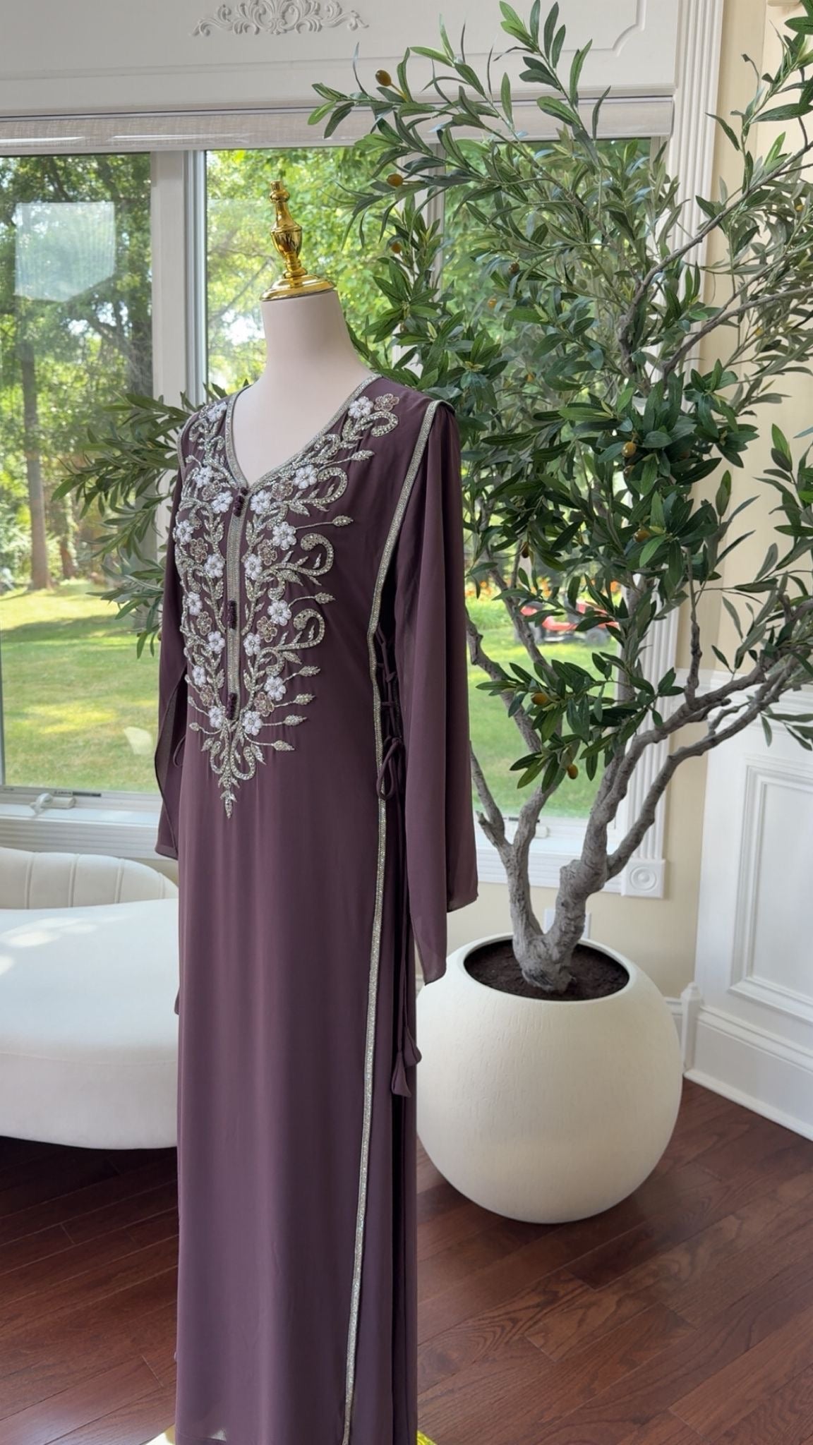 Modest Purple Kaftan with Elegant Floral Beading