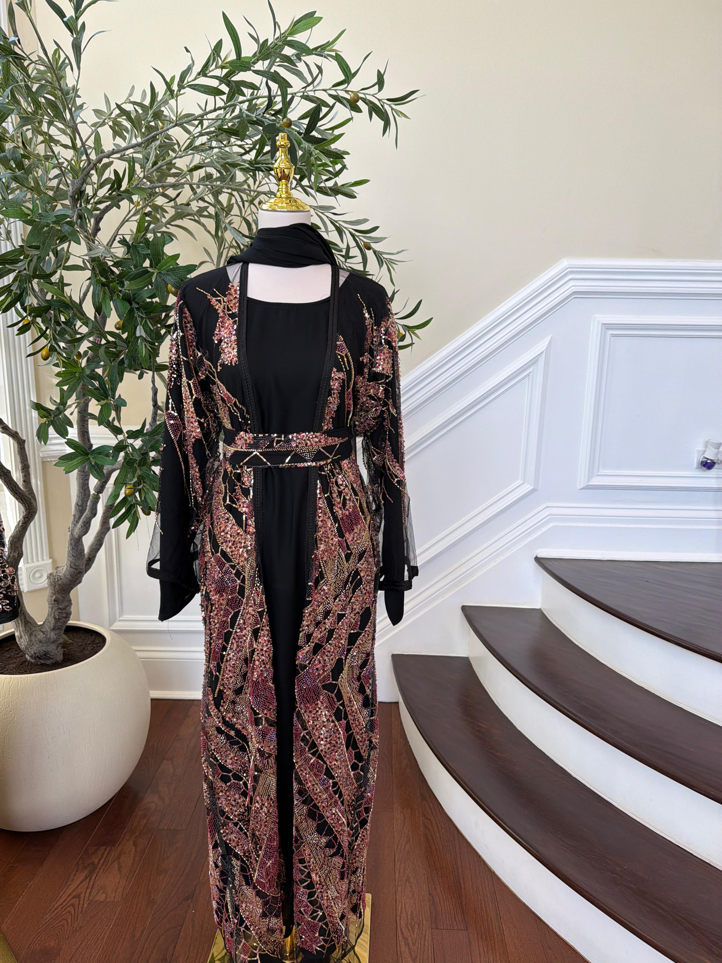 Black Sparkle Rose Beaded Cardigan Abaya
