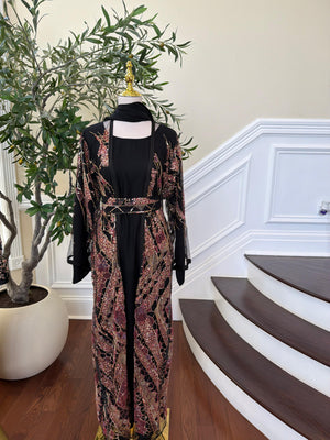 Black Sparkle Rose Beaded Cardigan Abaya