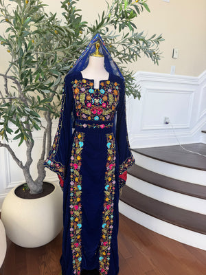 Midnight Blue Velvet Thobe with Intricate Multicolor Embroidery(scarf not included)
