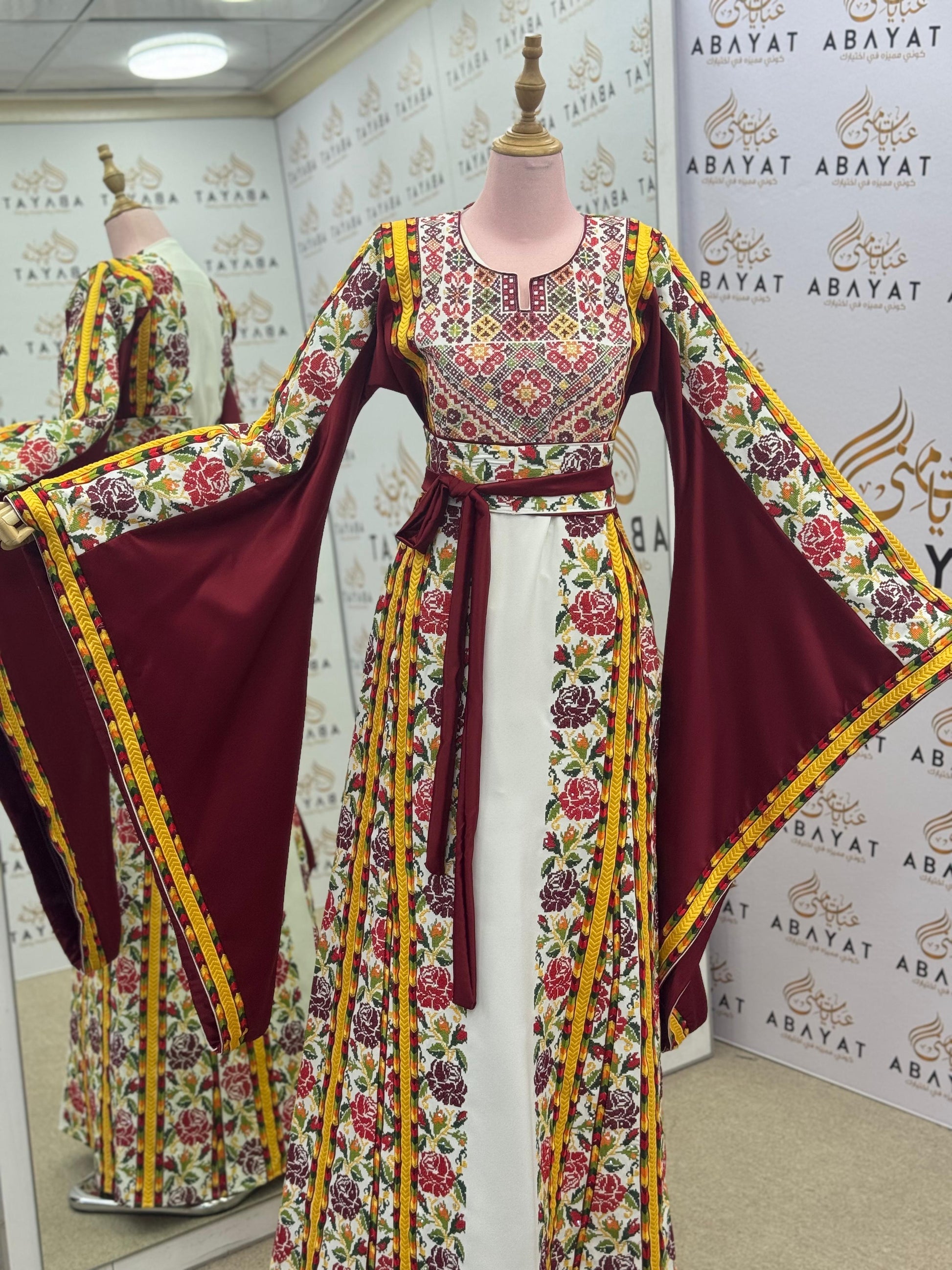 Burgundy & White Palestinian Embroidered Thobe | Floral Heritage Design A09042025
