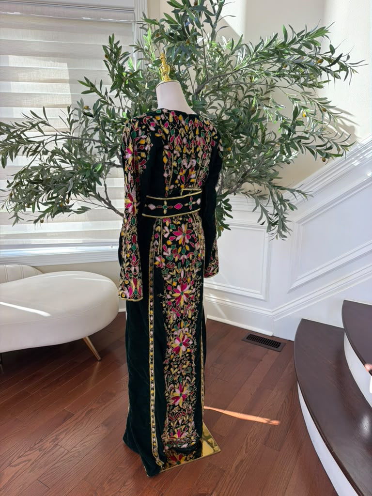 Elegant Black Palestinian Thobe with Colorful Floral Embroidery and Detachable Shoulder Cape (scarf not included)