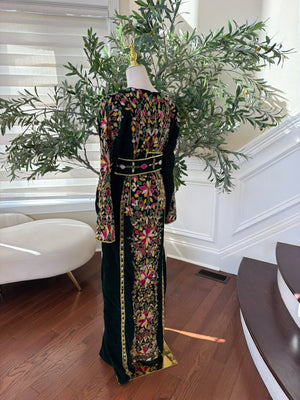 Elegant Black Palestinian Thobe with Colorful Floral Embroidery and Detachable Shoulder Cape (scarf not included)