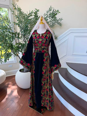 Velvet Blue Floral Embroidered Tatreez Thobe