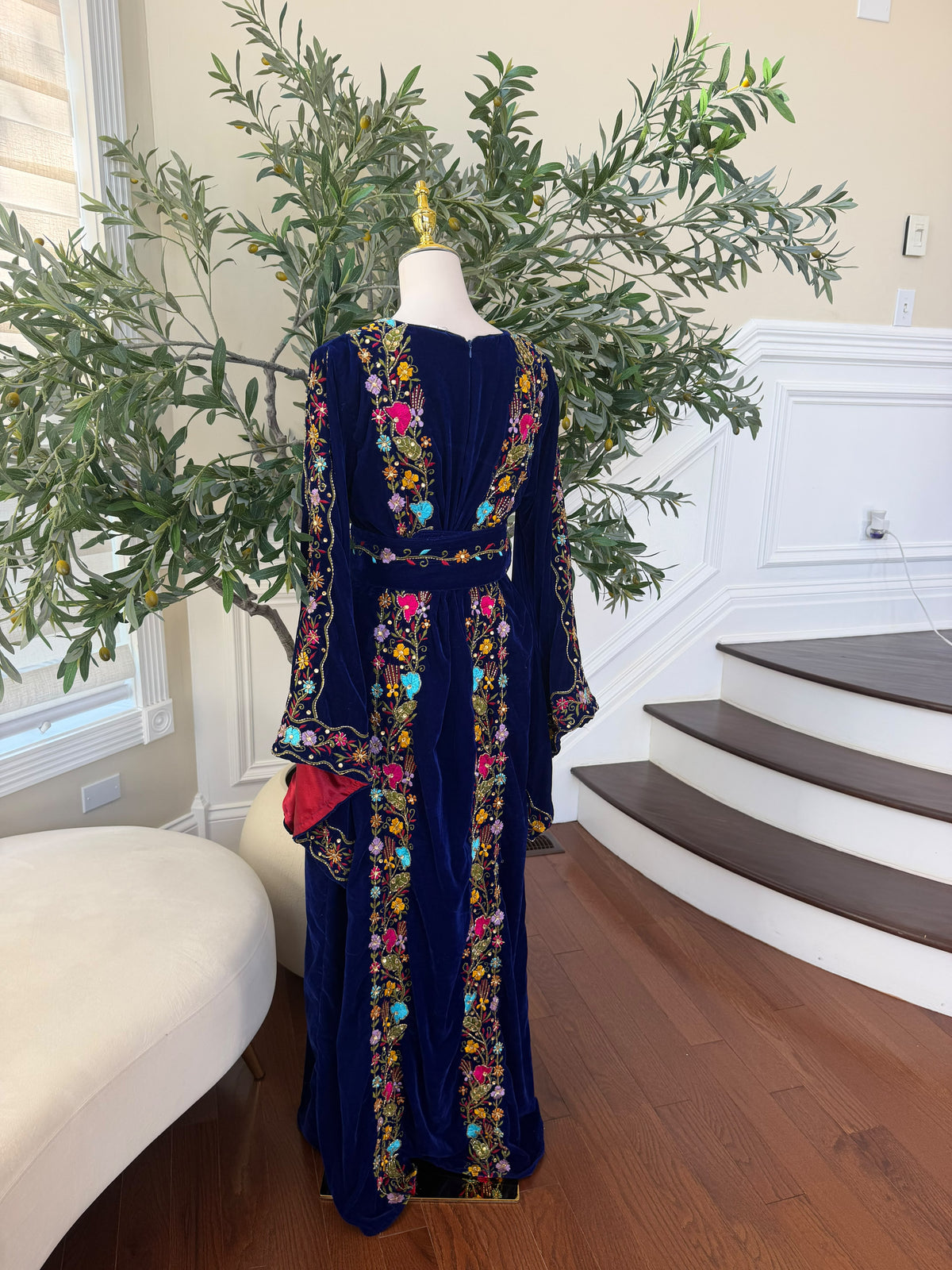 Midnight Blue Velvet Thobe with Intricate Multicolor Embroidery(scarf not included)