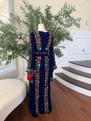 Midnight Blue Velvet Thobe with Intricate Multicolor Embroidery(scarf not included)