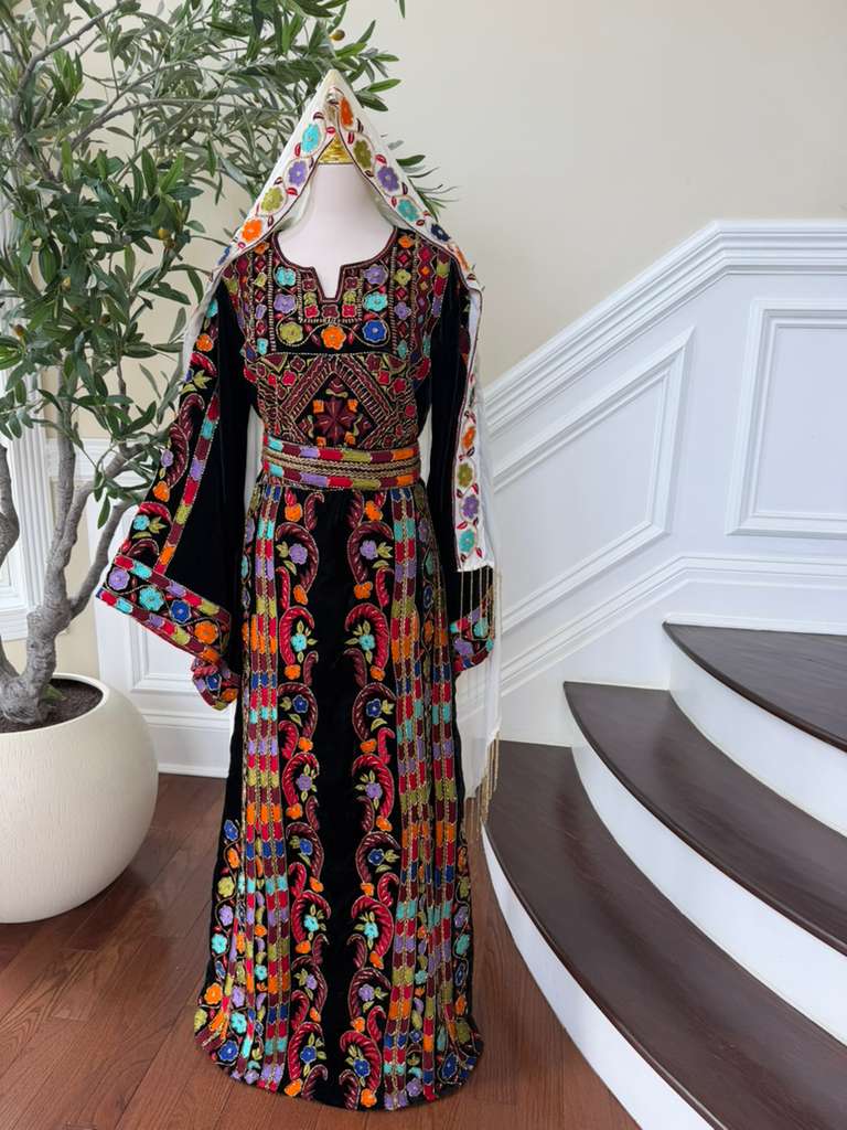 Luxury Bridal Palestinian Thobe with Embroidery Tatreez, Hand Beading & Detachable Overskirt on Rich Velvet Fabric