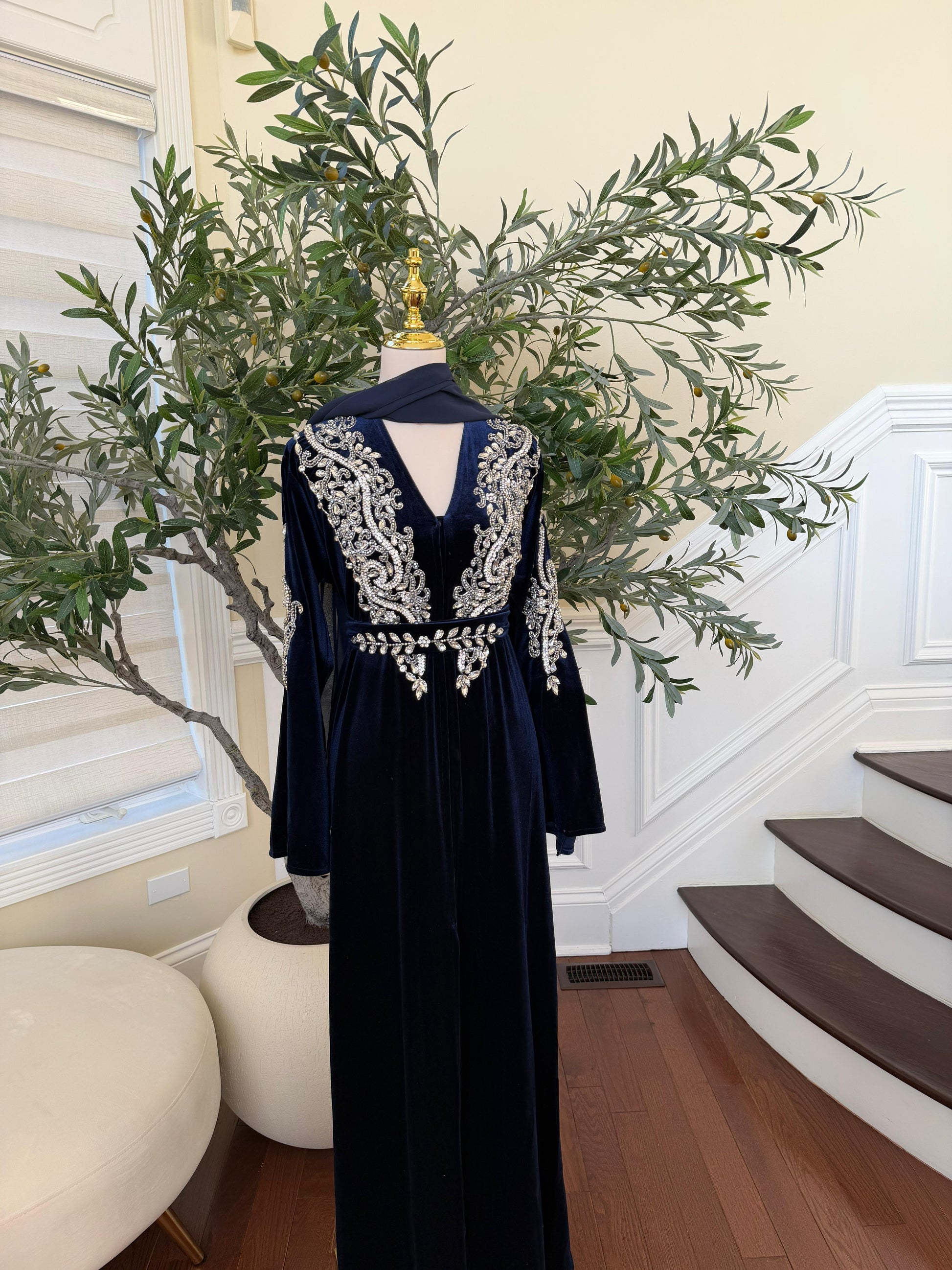 Navy Blue Velvet Beaded Stone Charm Abaya