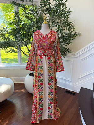 Beige Embroidery Embellished Tatreez Floral Sabal Kharaz Thobe