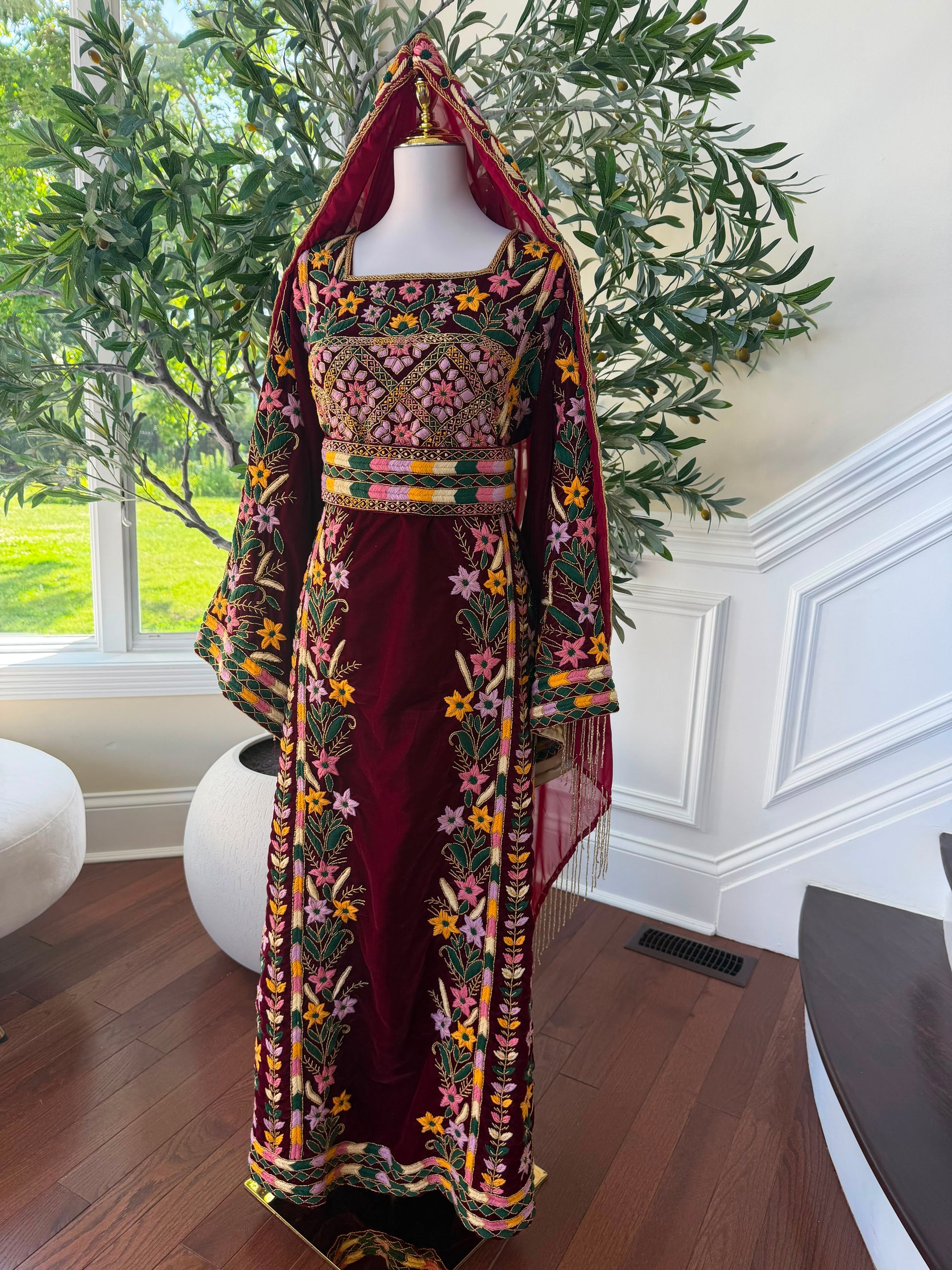 Velvet Red Embroidery Beaded Thobe