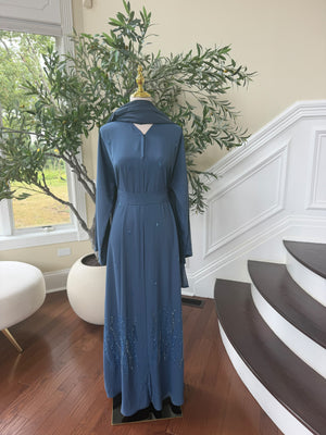 Blue Elegance Charm Beaded Nade Fabric Abaya