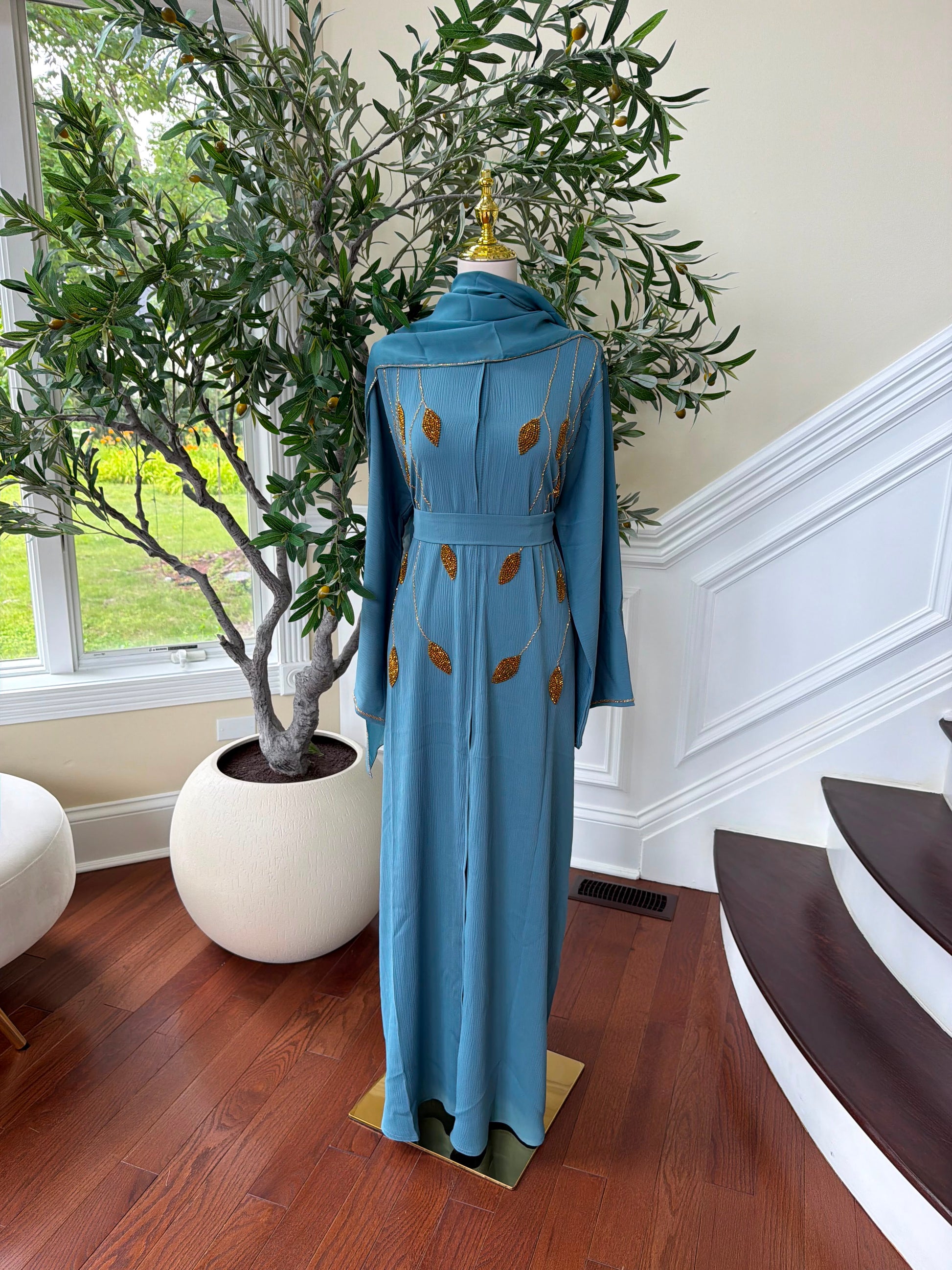 Golden Sky Blue Beaded Abaya