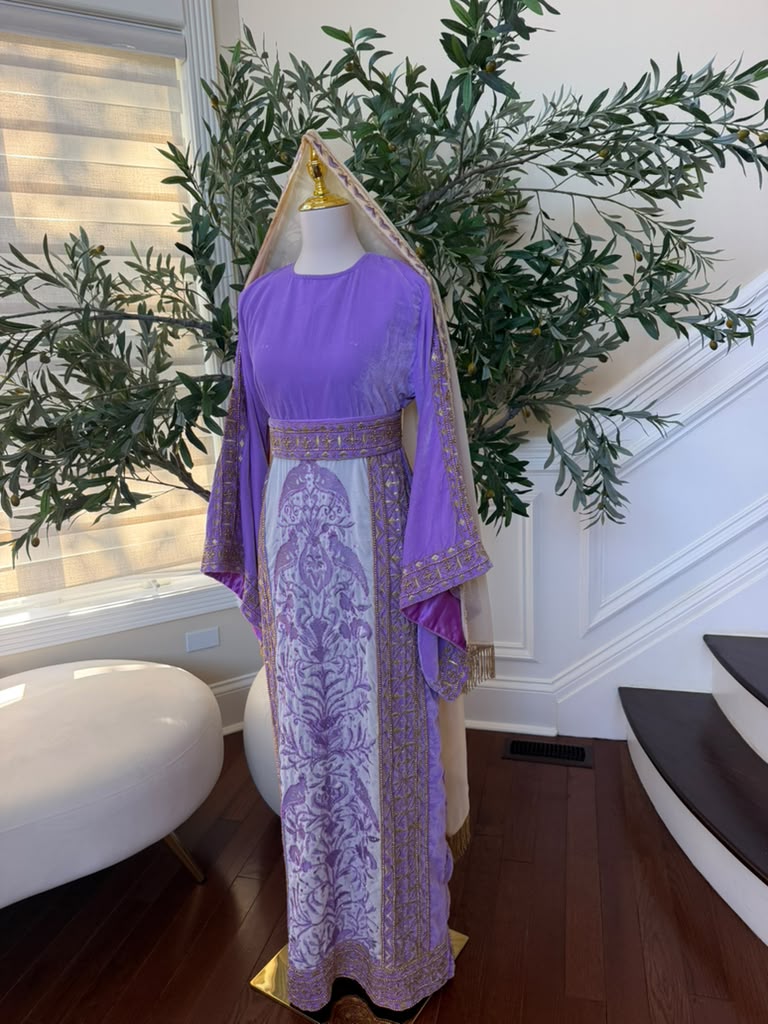 Elegant Lavender Velvet Palestinian Thobe with Gold Embroidery(scarf not included)