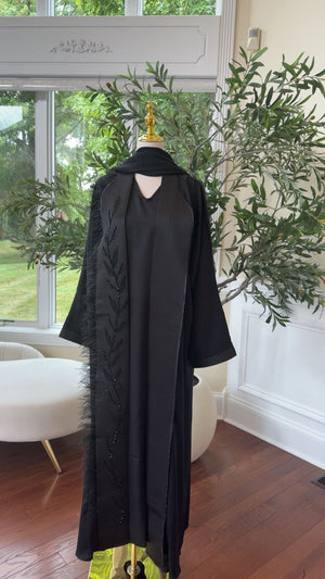 Midnight Elegance – Black Abaya Beaded Ethereal Feather Detail