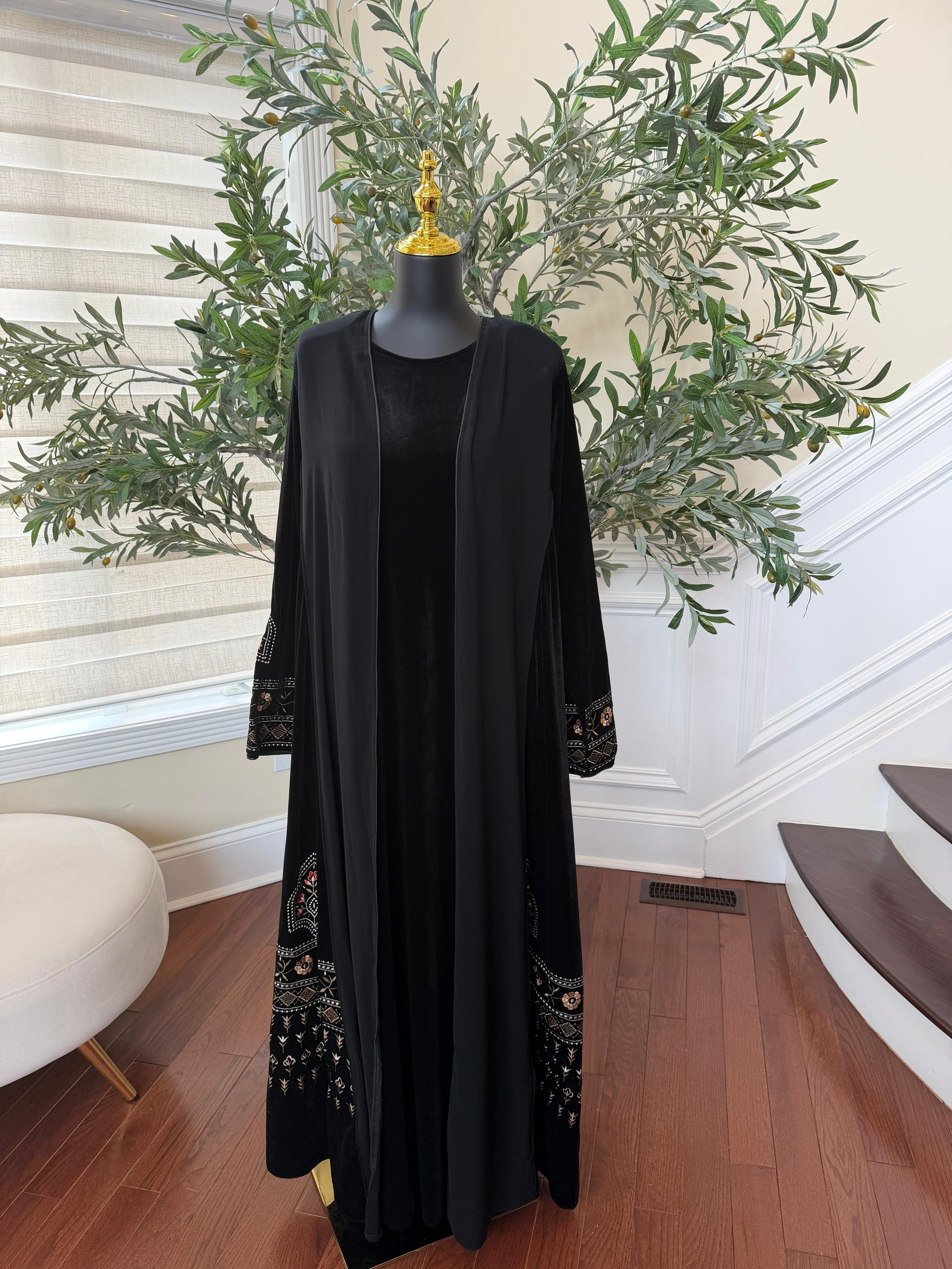 Black Velvet with Chiffon Embroidery Elegance Abaya