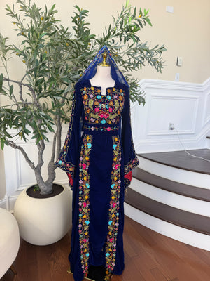 Midnight Blue Velvet Thobe with Intricate Multicolor Embroidery(scarf not included)