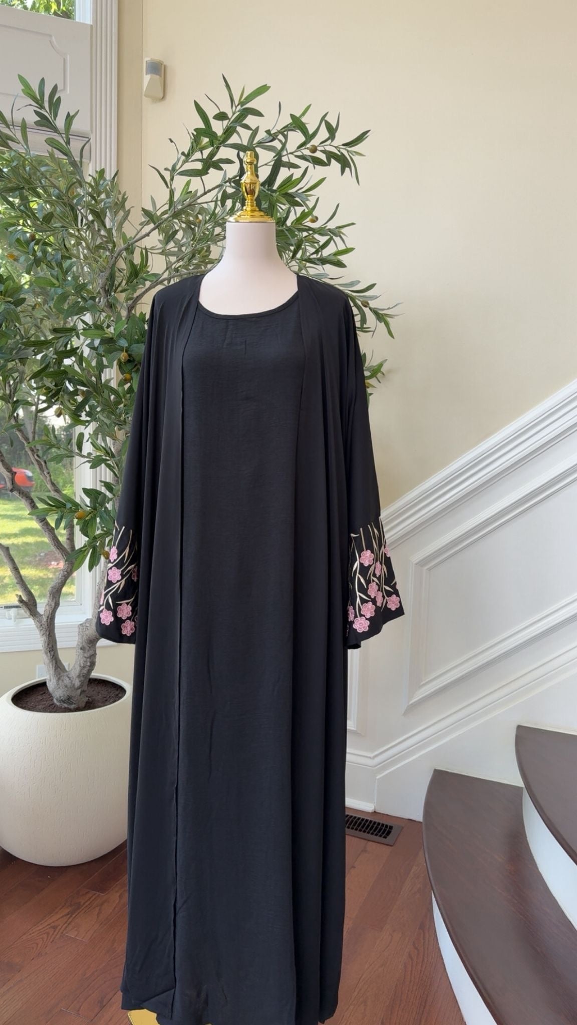 Black Two-Piece Abaya with Pink Floral Sleeve Embroidery #1051