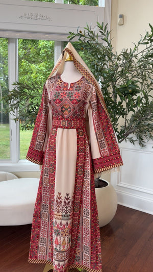 Ivory Grace | Thobe Tatreez with Heritage Red Detailing
