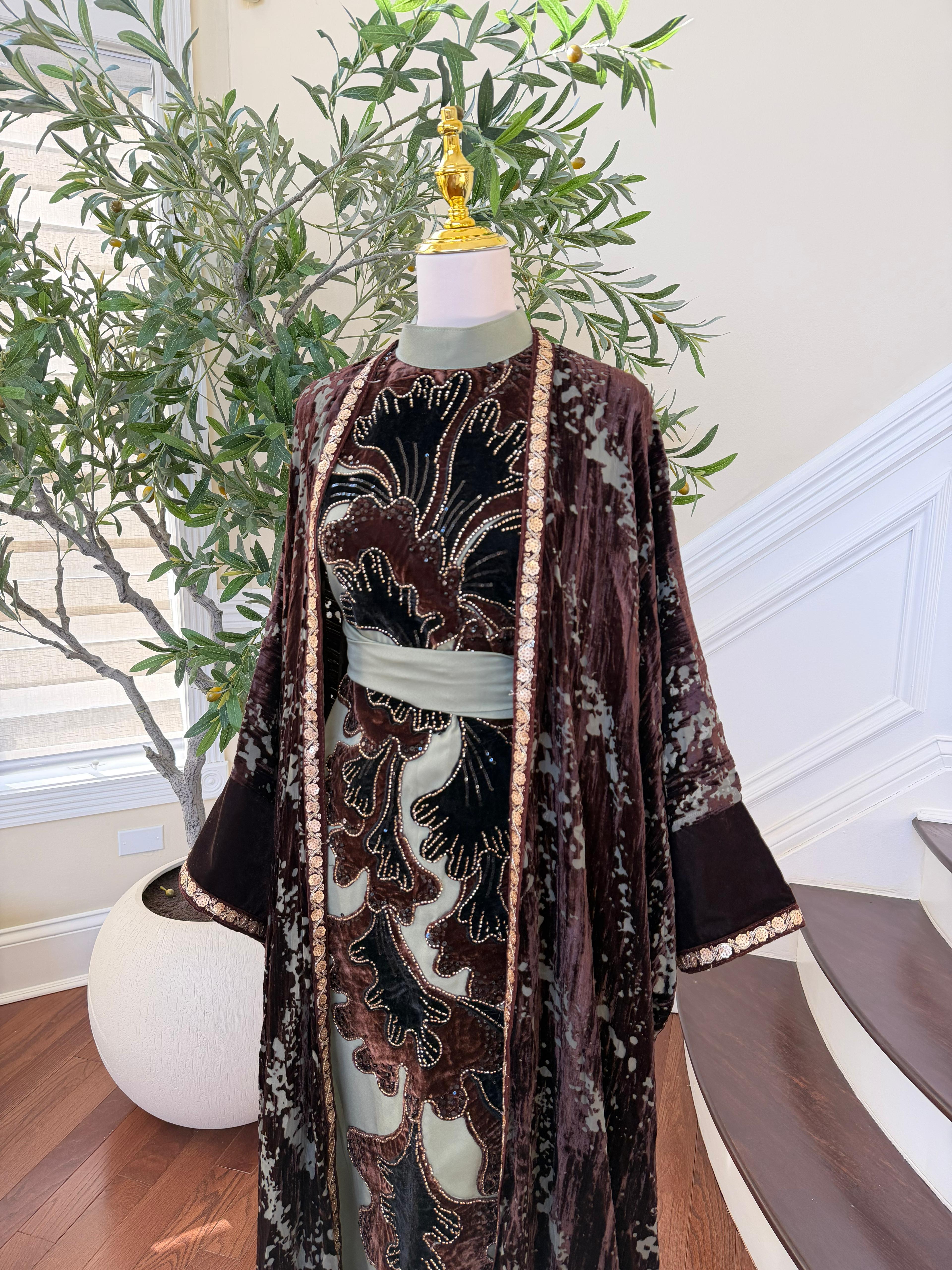 Olive Green Brown Two Piece Abaya