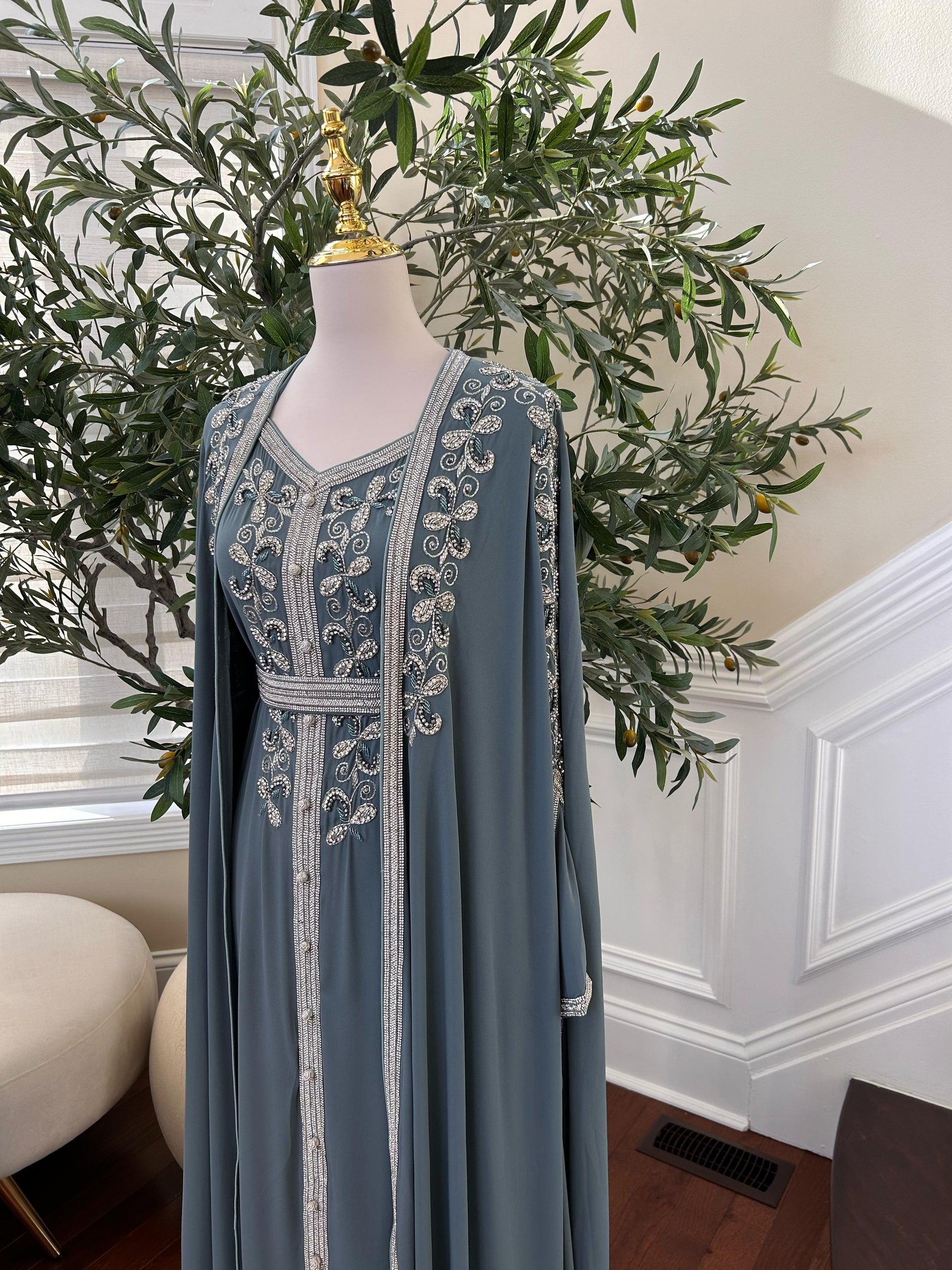 Mint Blue Beaded Stone Kuftan