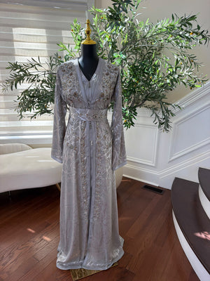 Elegant Silver Gray Embroidered Moroccan Kaftan