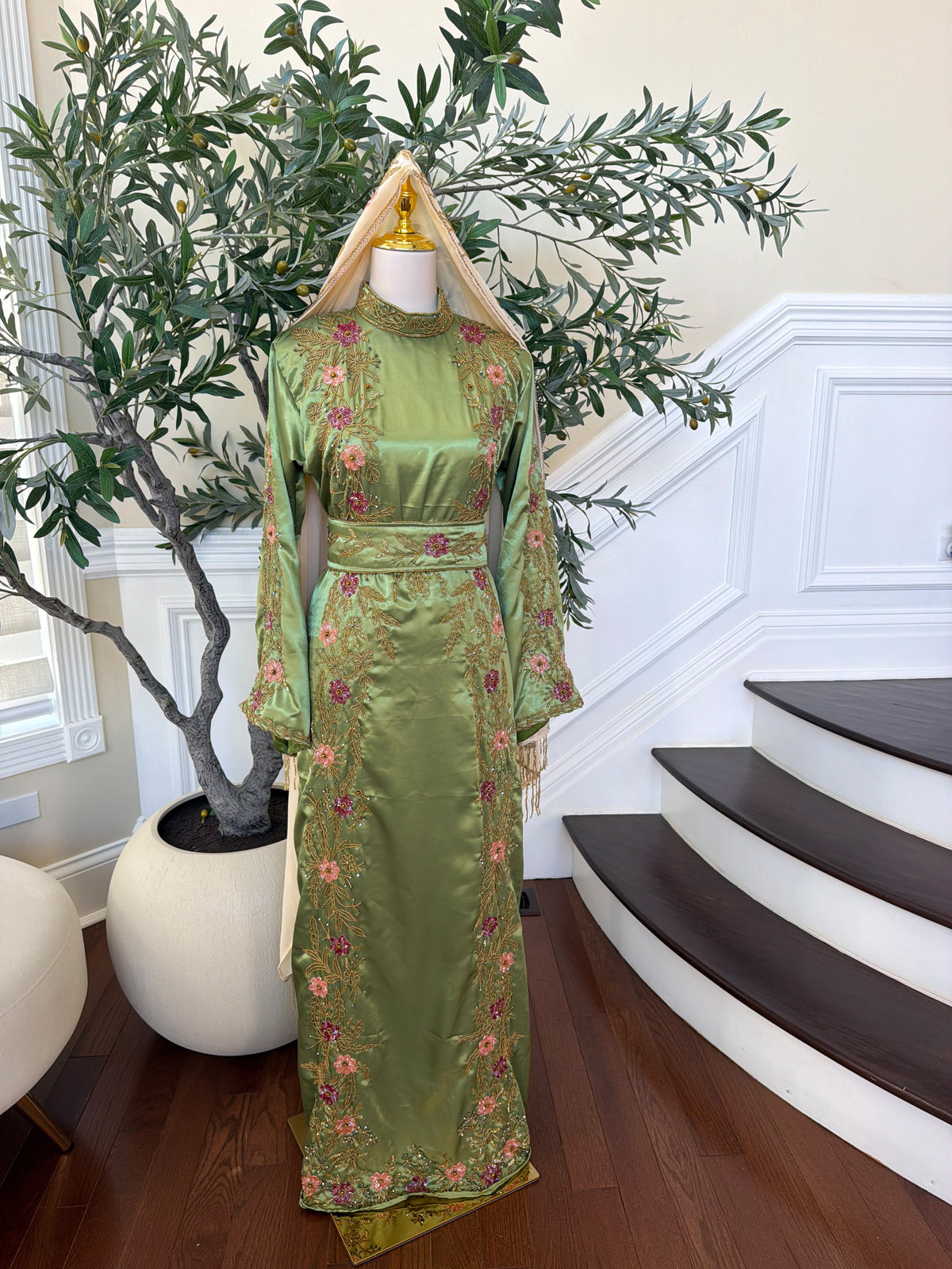 Elegant Sage Green Satin Thobe with Pink Floral Embroidery, Gold Detailing, and Matching Belt( scarf not included)