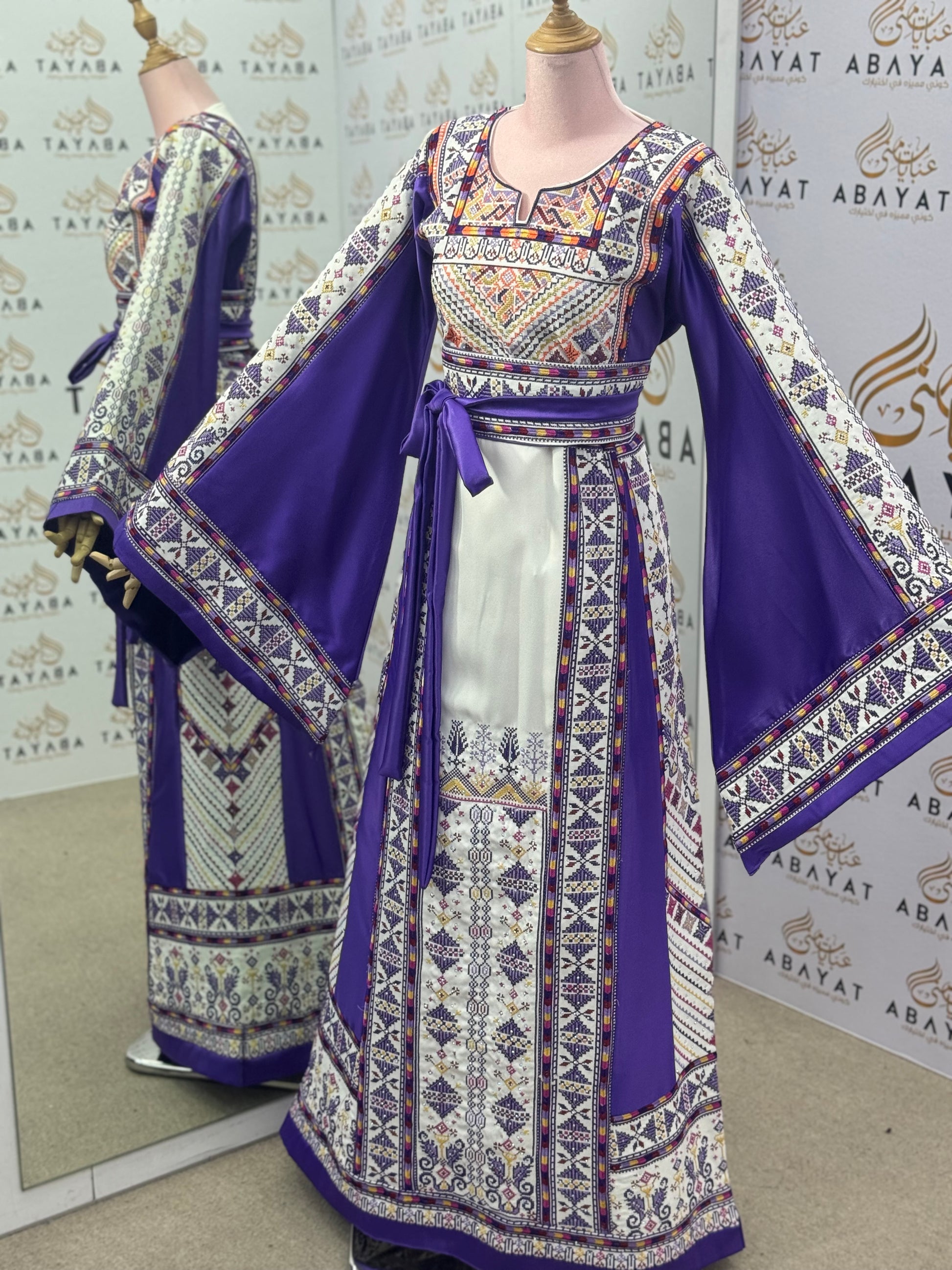 Lavender & Cream Palestinian Thobe – Mixed Fabric with Traditional Tatreez
