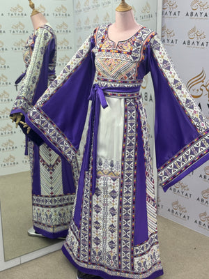 Lavender & Cream Palestinian Thobe – Mixed Fabric with Traditional Tatreez