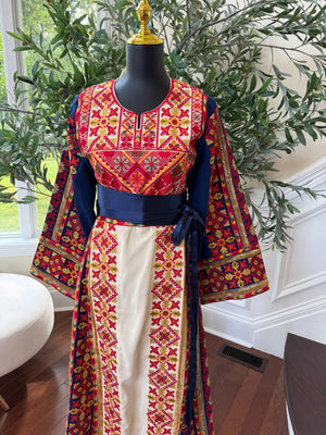 Cream Embroidery Tatreez Blue Sabal Kharaz Thobe