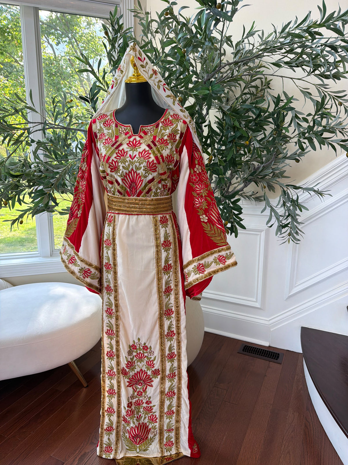 Elegant Cream and Red Thobe with Gold Floral Embroidery(scarf not included)