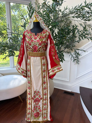 Elegant Cream and Red Thobe with Gold Floral Embroidery(scarf not included)