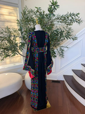 Elegant Navy Blue Velvet Palestinian Thobe with Vibrant Multicolor Floral Embroidery(scarf not included)