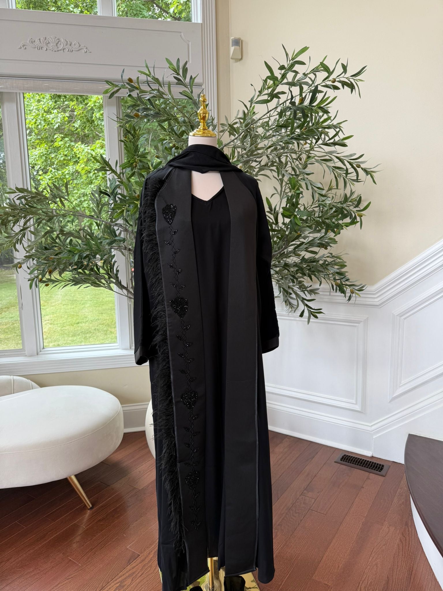Beaded Black Embellishment with Luxe Feather Detailing