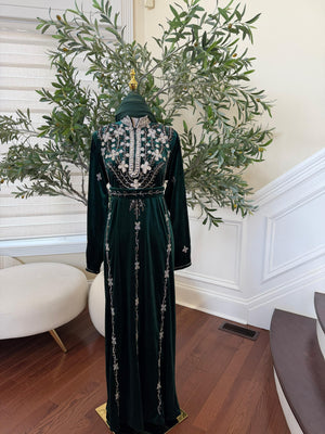 Green Velvet Crystal Elegance Beaded Abaya