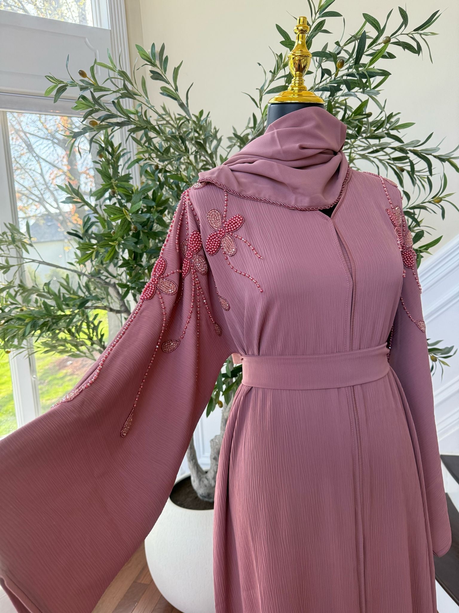 Rose Pink Beaded Abaya