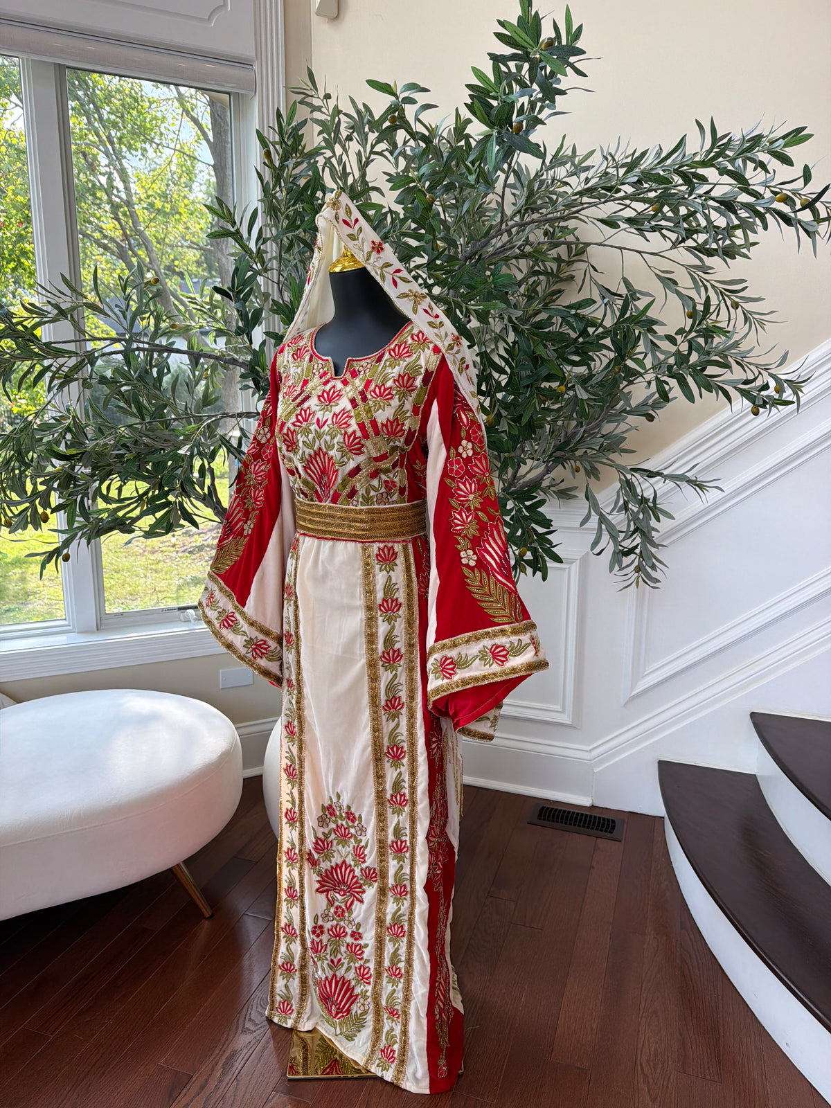 Elegant Cream and Red Thobe with Gold Floral Embroidery(scarf not included)
