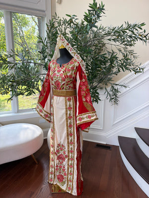 Elegant Cream and Red Thobe with Gold Floral Embroidery(scarf not included)