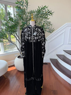 Velvet Black Beaded Elegance Cardigan Abaya