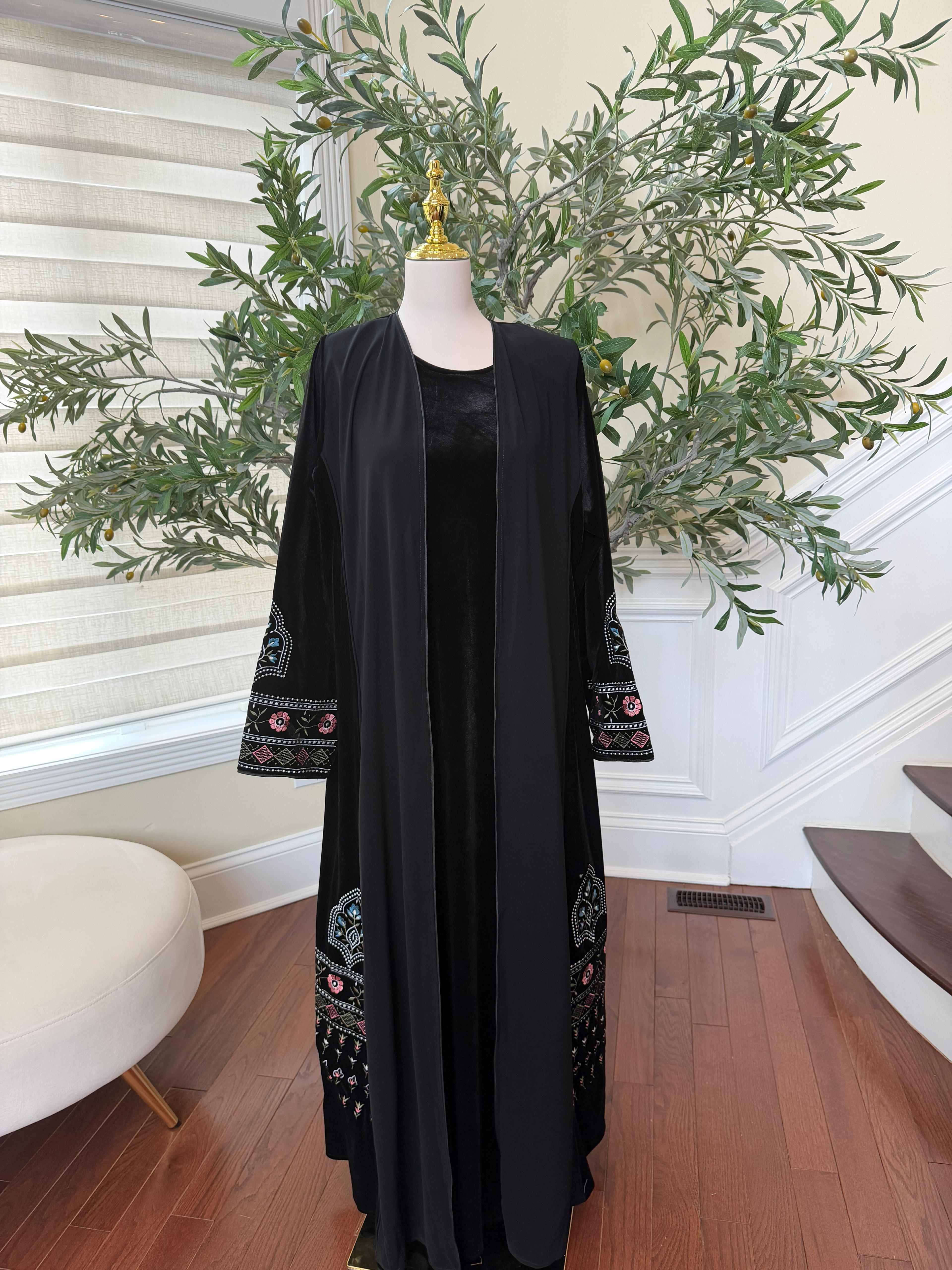 Black Velvet with Chiffon Embroidery Two Piece Abaya